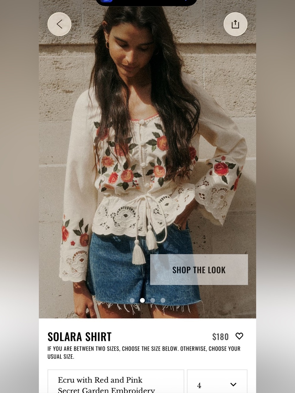 Sezane Solara Ecru Embroidered Peasant Top with Red & Pink Roses